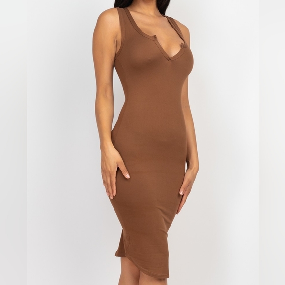 𝅺Brown Split Neck Tank Mini Dress - Picture 3 of 5